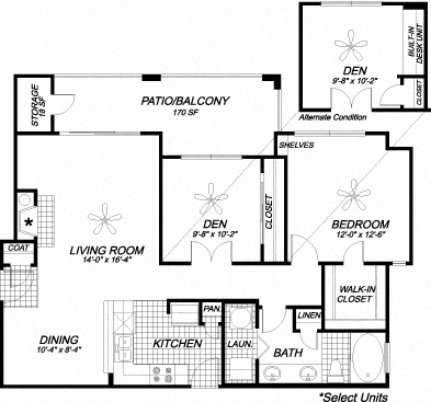 Floor plan for 1 bed, 1 bath, 956 sqft